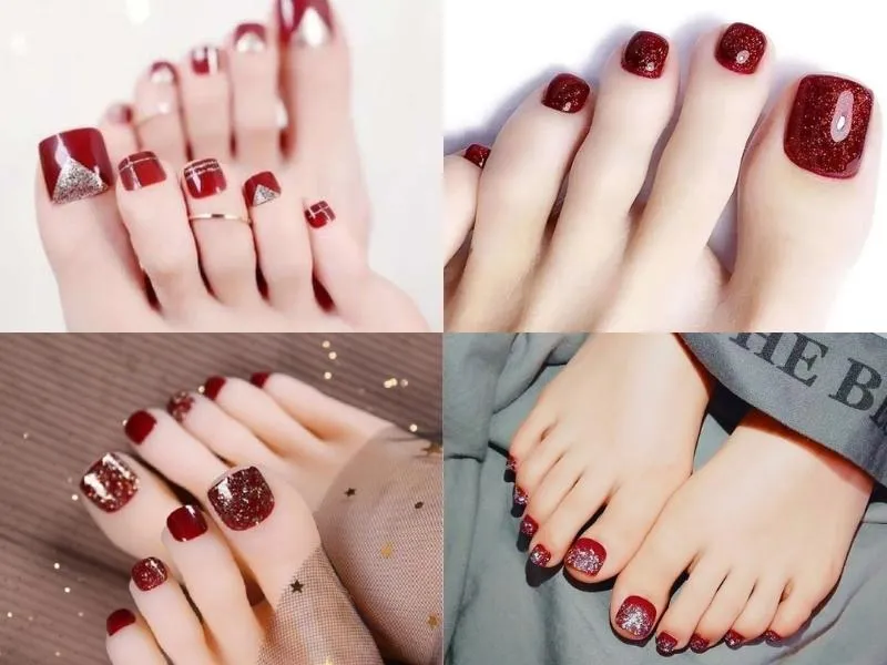 20+ mẫu nail sơn móng chân màu đỏ mận cho mọi tone da