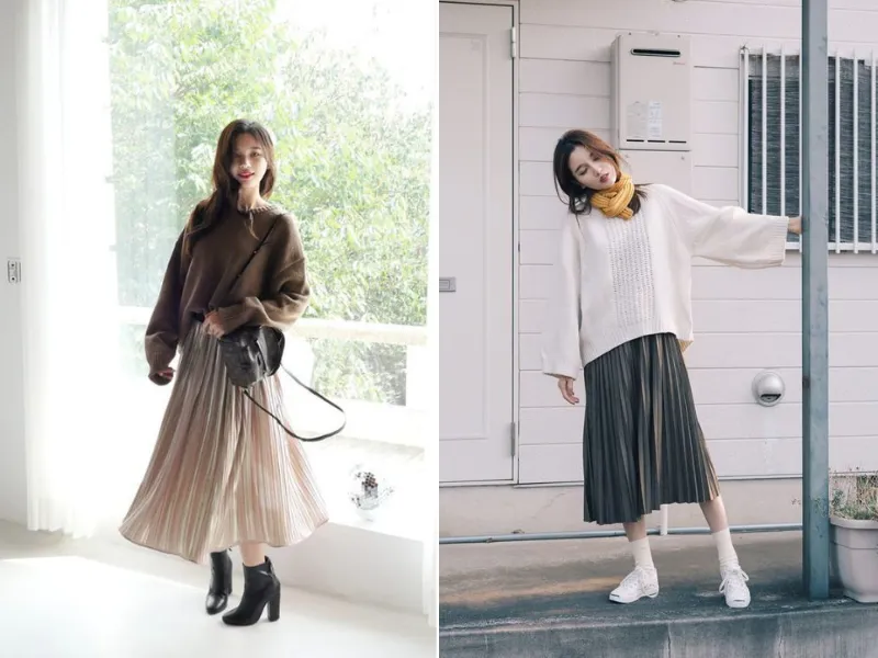 Gợi ý 12+ cách phối đồ với chân váy xếp ly dài mùa đông chuẩn Fashionista